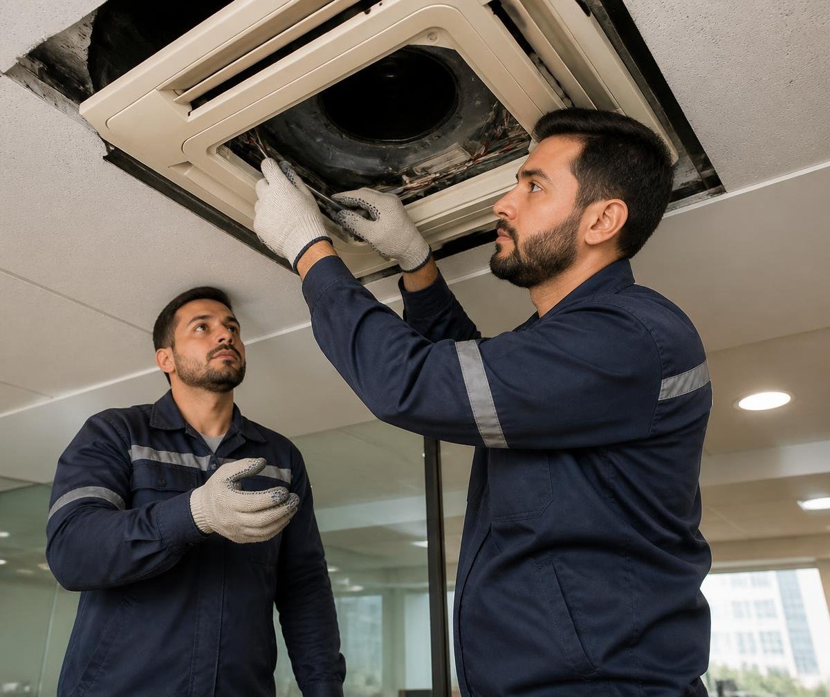 Equipe técnica da 3F Brasil realizando serviço de climatização comercial
